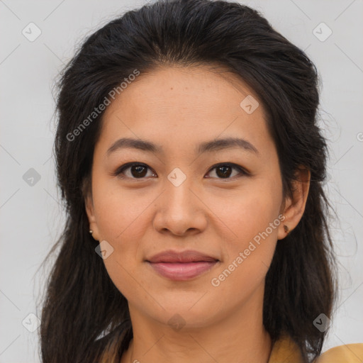 Joyful asian young-adult female with long  brown hair and brown eyes