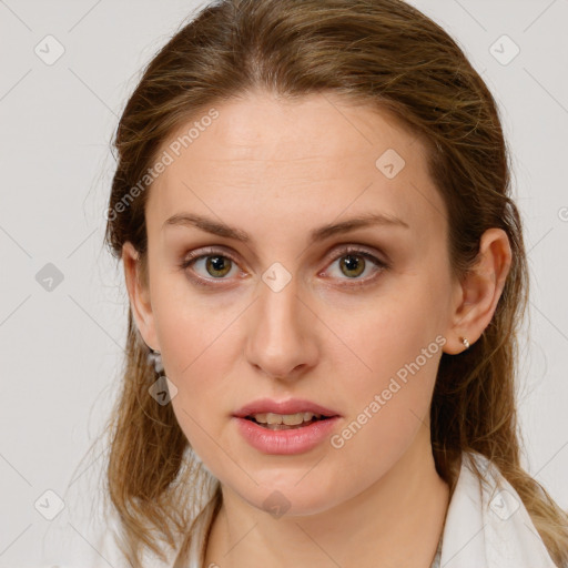 Joyful white young-adult female with medium  brown hair and blue eyes