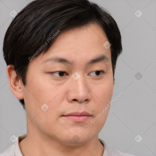 Neutral asian young-adult male with short  brown hair and brown eyes