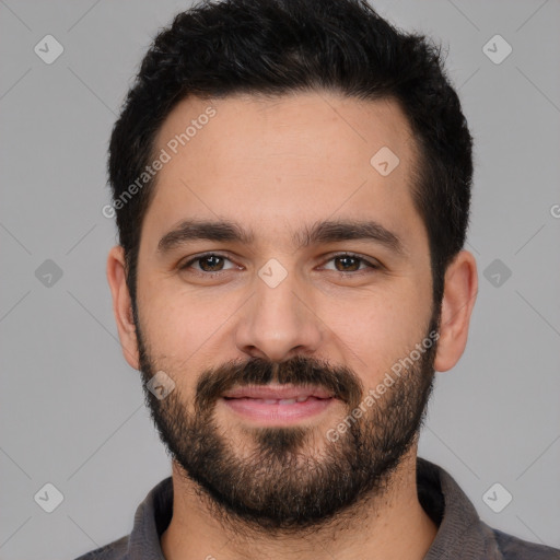 Neutral white young-adult male with short  black hair and brown eyes