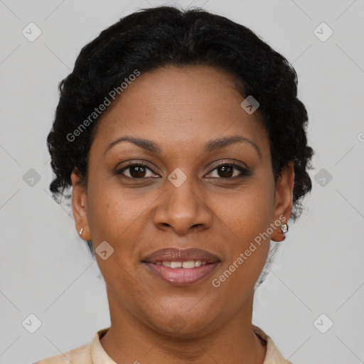Joyful latino adult female with short  brown hair and brown eyes