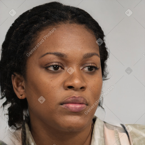 Neutral black young-adult female with medium  brown hair and brown eyes