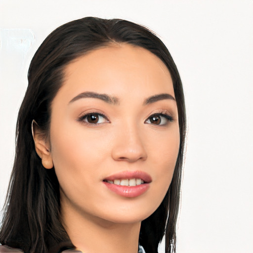 Joyful white young-adult female with long  black hair and brown eyes