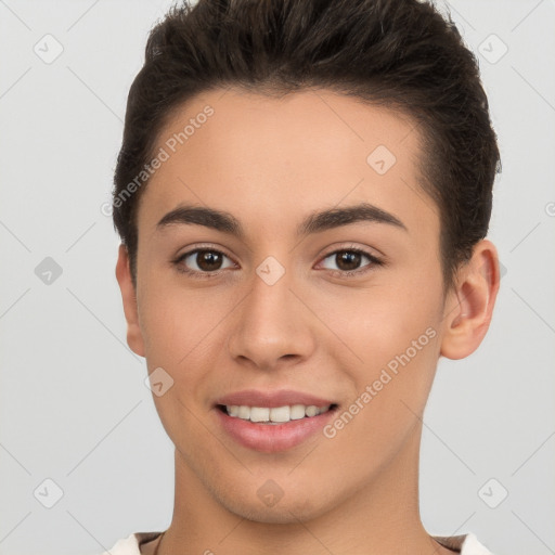 Joyful white young-adult female with short  brown hair and brown eyes