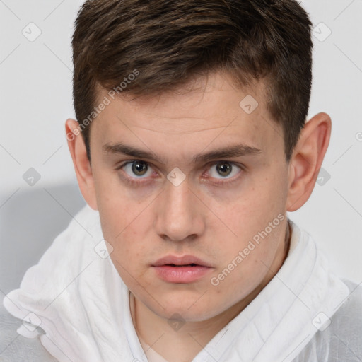 Neutral white young-adult male with short  brown hair and brown eyes