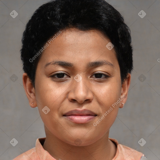 Joyful latino young-adult female with short  brown hair and brown eyes