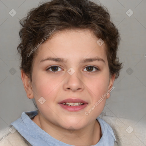 Joyful white child female with short  brown hair and brown eyes