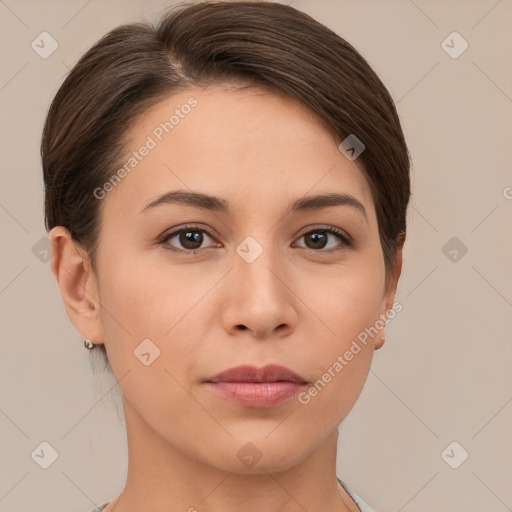 Neutral white young-adult female with short  brown hair and brown eyes