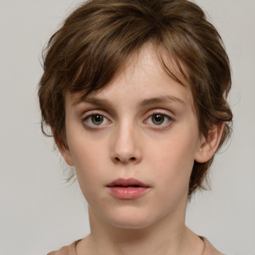 Neutral white young-adult female with medium  brown hair and green eyes