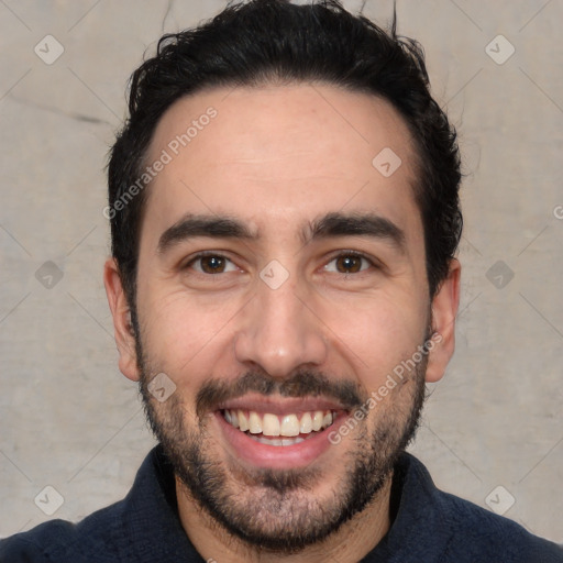 Joyful white young-adult male with short  black hair and brown eyes
