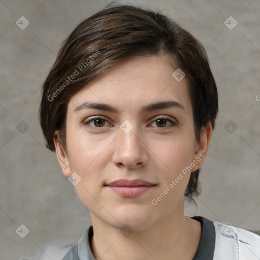 Neutral white young-adult female with medium  brown hair and brown eyes