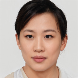 Neutral asian young-adult female with short  brown hair and brown eyes