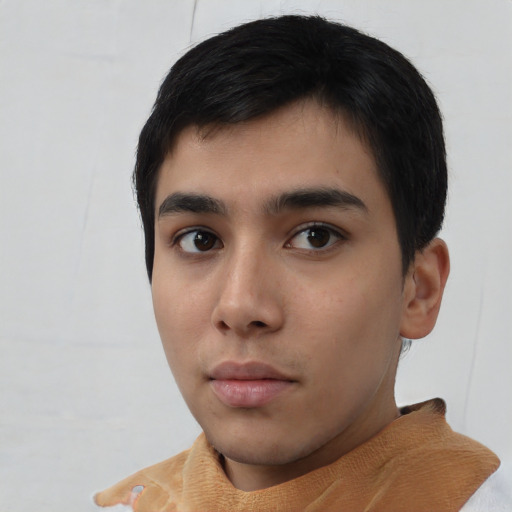 Neutral asian young-adult male with short  black hair and brown eyes