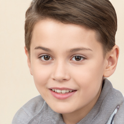 Joyful white child female with short  brown hair and brown eyes