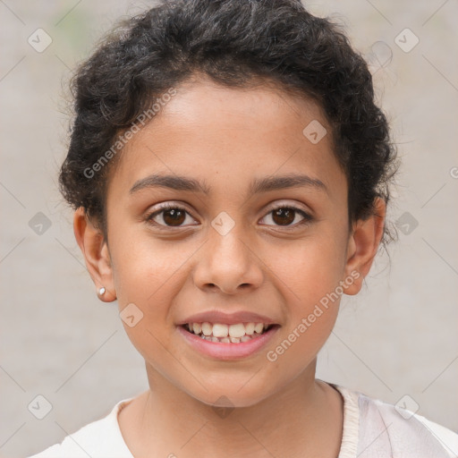 Joyful white child female with short  brown hair and brown eyes