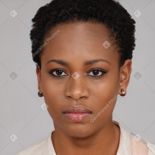 Neutral black young-adult female with short  black hair and brown eyes