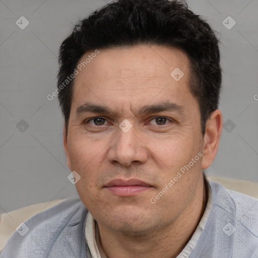 Neutral white adult male with short  black hair and brown eyes