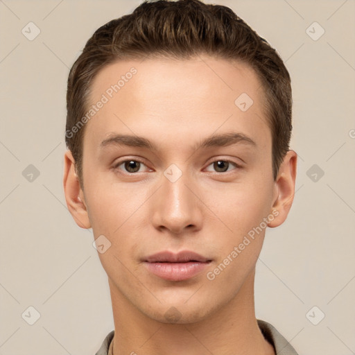 Neutral white young-adult male with short  brown hair and brown eyes