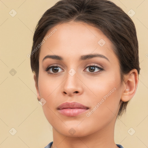 Neutral white young-adult female with long  brown hair and brown eyes