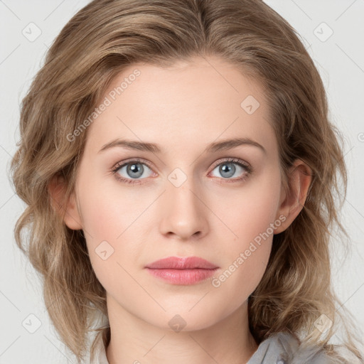 Neutral white young-adult female with medium  brown hair and grey eyes