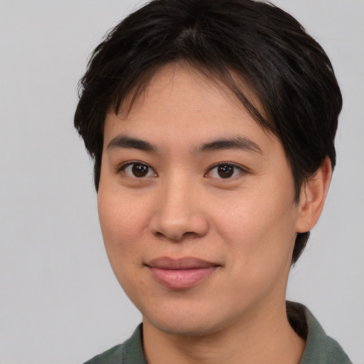 Joyful asian young-adult female with short  brown hair and brown eyes
