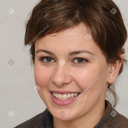 Joyful white young-adult female with medium  brown hair and brown eyes