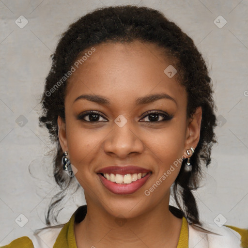 Joyful black young-adult female with long  brown hair and brown eyes