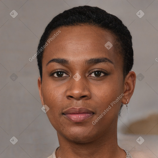 Neutral black young-adult female with short  black hair and brown eyes