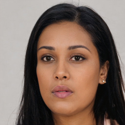 Neutral asian young-adult female with long  black hair and brown eyes