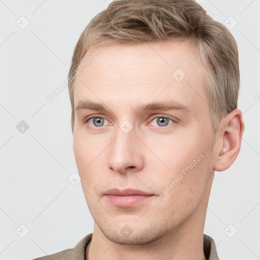 Neutral white young-adult male with short  brown hair and grey eyes