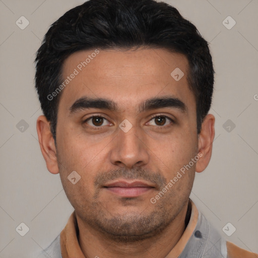 Neutral white young-adult male with short  black hair and brown eyes