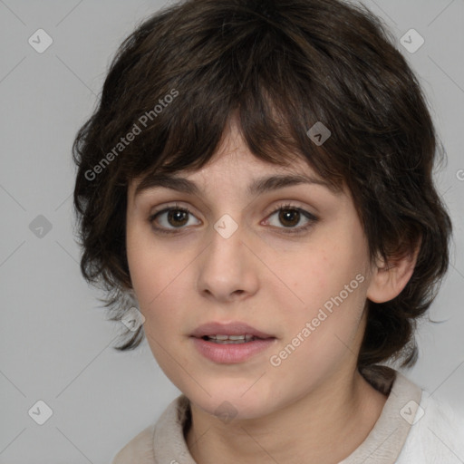 Neutral white young-adult female with medium  brown hair and brown eyes