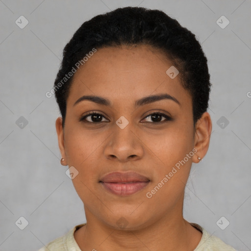 Joyful latino young-adult female with short  black hair and brown eyes