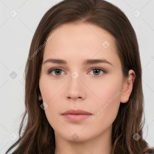 Neutral white young-adult female with long  brown hair and brown eyes