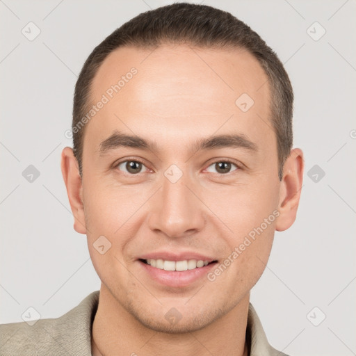 Joyful white young-adult male with short  brown hair and brown eyes