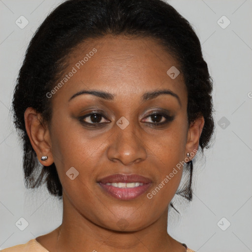 Joyful black young-adult female with medium  brown hair and brown eyes