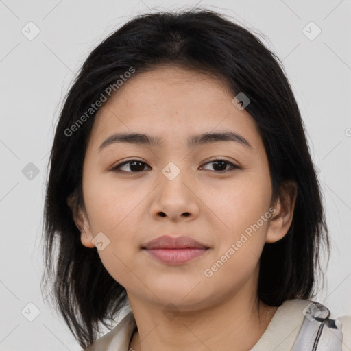 Neutral asian young-adult female with medium  brown hair and brown eyes