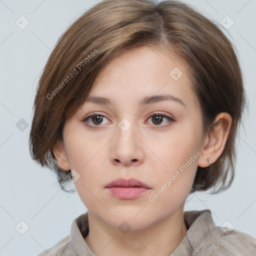 Neutral white young-adult female with medium  brown hair and grey eyes