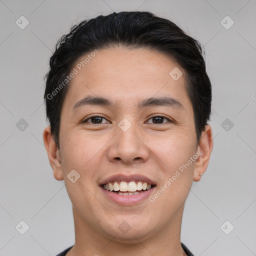 Joyful white young-adult male with short  black hair and brown eyes