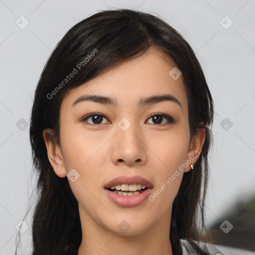 Joyful asian young-adult female with medium  black hair and brown eyes