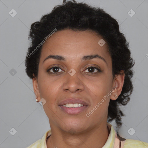 Joyful latino young-adult female with short  brown hair and brown eyes