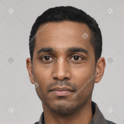 Neutral latino young-adult male with short  black hair and brown eyes