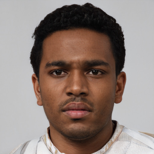 Neutral black young-adult male with short  black hair and brown eyes