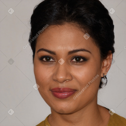 Joyful latino young-adult female with short  brown hair and brown eyes