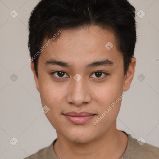 Joyful asian young-adult male with short  brown hair and brown eyes