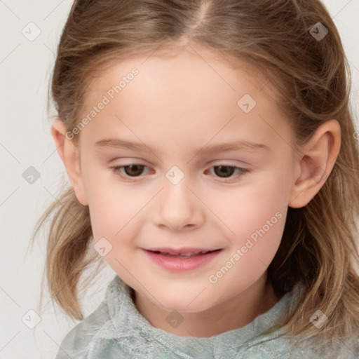 Joyful white child female with medium  brown hair and brown eyes