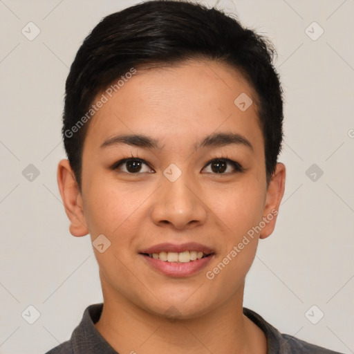 Joyful asian young-adult female with short  black hair and brown eyes