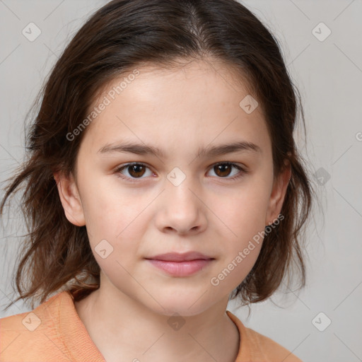 Joyful white child female with medium  brown hair and brown eyes