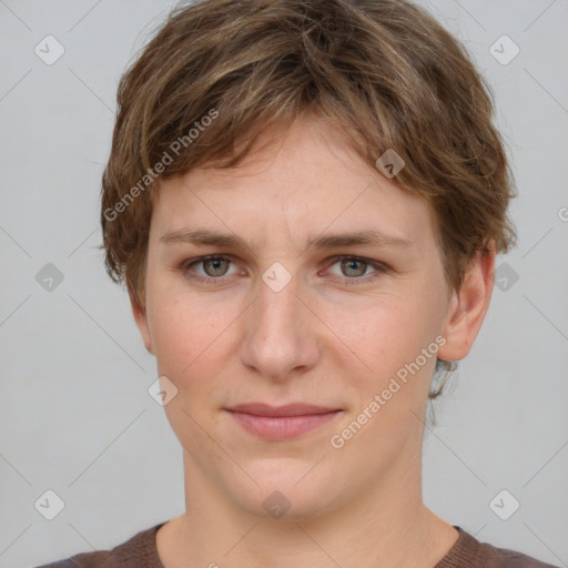 Joyful white young-adult female with short  brown hair and grey eyes