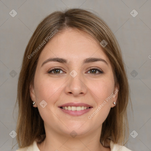 Joyful white young-adult female with medium  brown hair and grey eyes